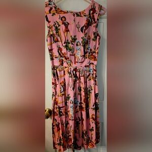 Playful Western Print Midi Fit And Flare Dress. Size Small, With Removable Belt.